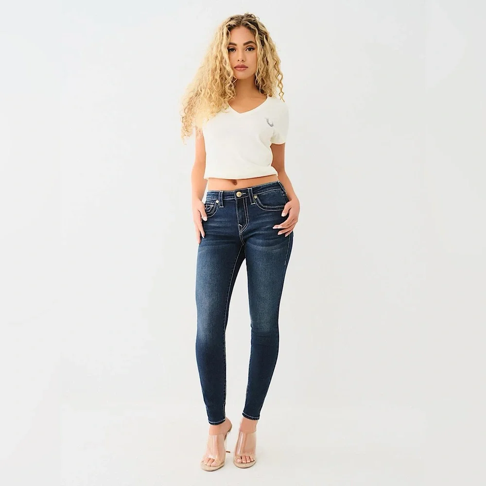 True religion Jennie Big T Mid Rise Curvy Skinny Jean flap pockets Y2K - Picture 2 of 15